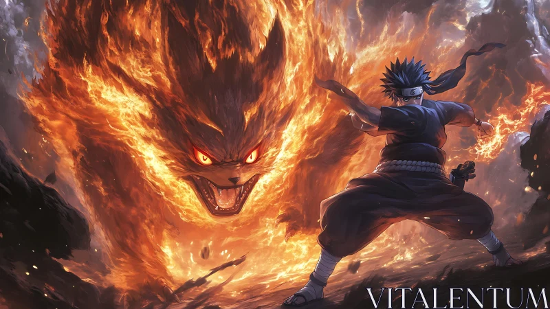 Dynamic anime duel with large flaming beast in high contrast lighting