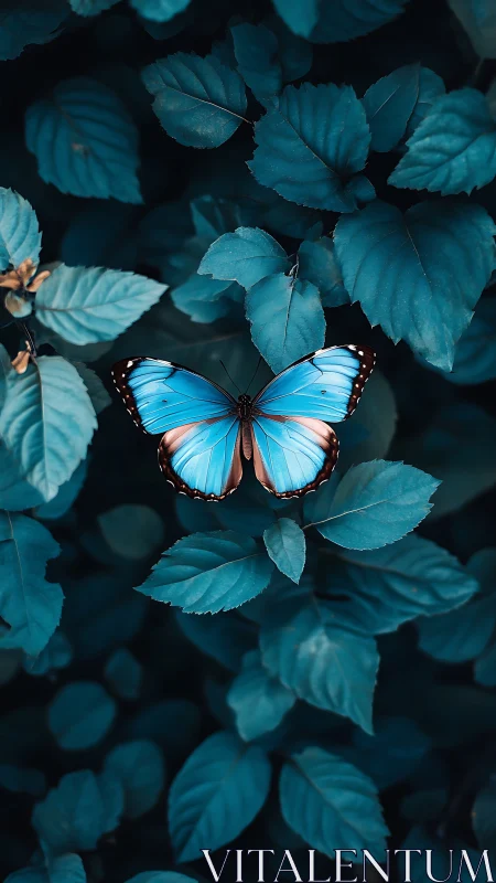 Blue butterfly rests in tranquil teal forest foliage