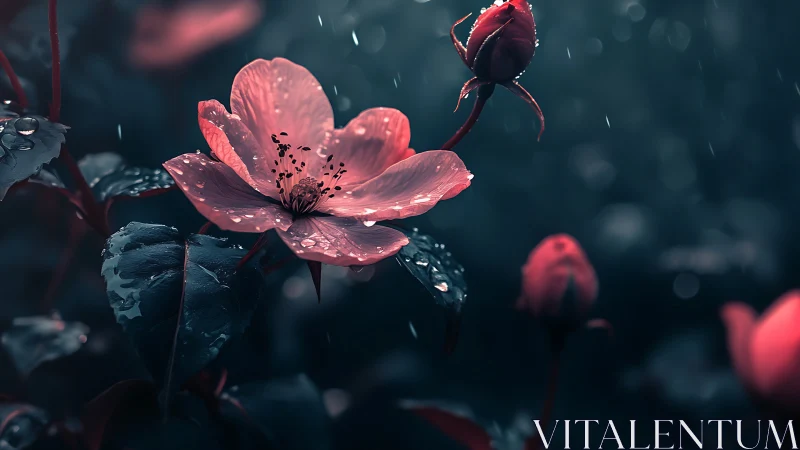 Translucent Rose Petals with Atmospheric Bokeh in Cinematic Rain.