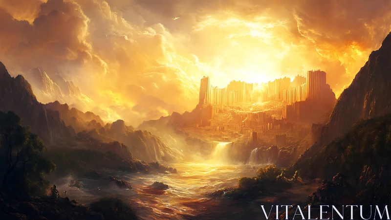 Golden fantasy citadel glowing above a misty river valley.
