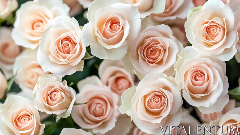 Peach-toned roses with cream petals in clustered arrangement.
