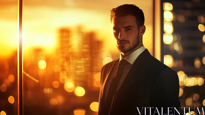 Businessman stands by office window at sunset in city
