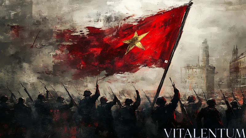 Soldiers march under tattered red war flag in ruined city