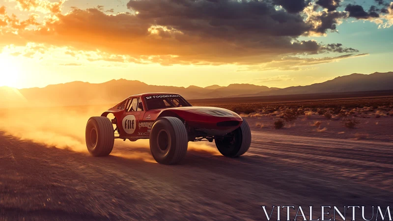 Off-road race vehicle traverses desert track at sunset