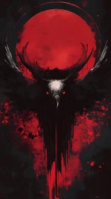 Winged horned skull silhouette against large red circle.