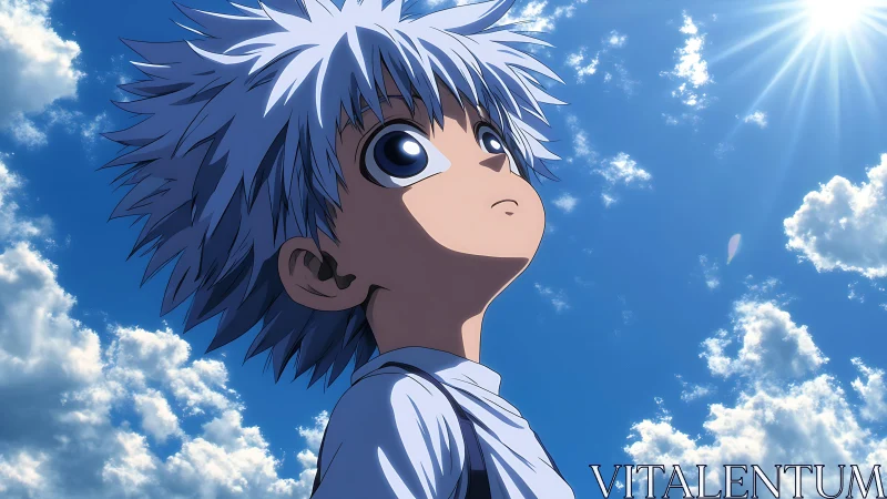 Anime boy gazes toward bright summer sky in sunlight.