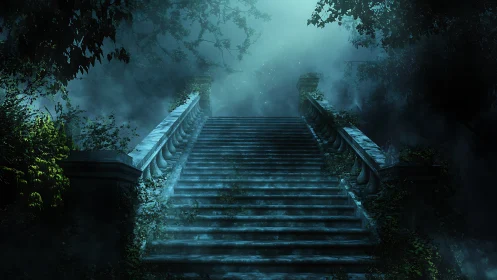 Misty stone staircase rising into a dark, overgrown forest.