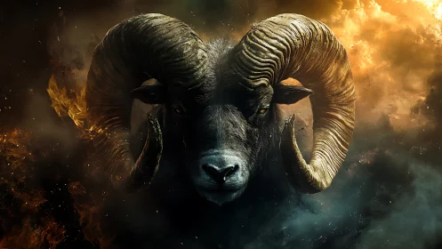Majestic ram portrait rendered in high-contrast digital realism