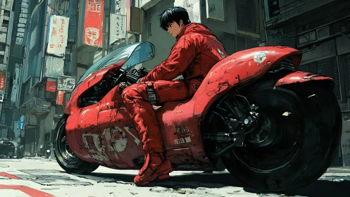 Motorcyclist on red futuristic bike in dense urban street.