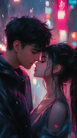 Neon-Lit Romance: Two Figures in Cyberpunk Urban Glow