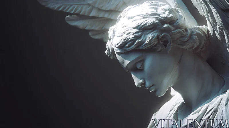 High-contrast marble angel bust in raking directional light