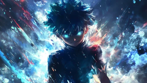 Electric-eyed hero ignites explosive blue cosmic energy.