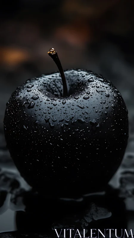 Black apple with water droplets stands against dark background