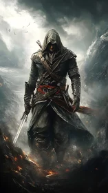 Hooded rogue advancing through embers in storm-lashed pass.