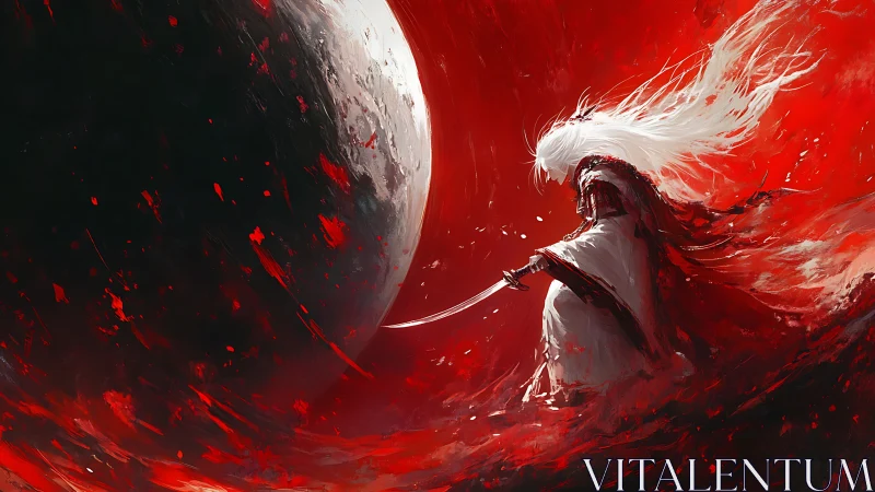 Crimson void duelist before eclipsed world in stormed red.