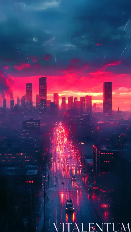 Neon rainstorm cityscape under electric magenta sunset