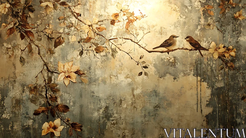 Softly lit songbirds resting on a flowering vintage branch.