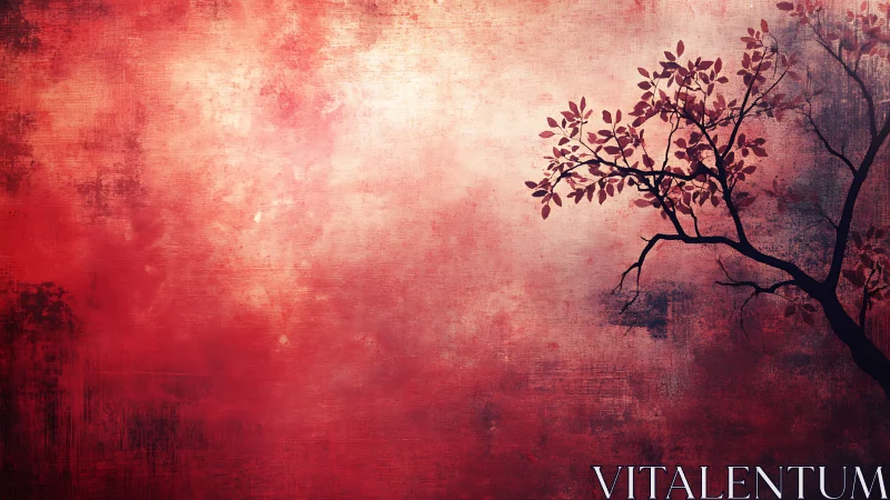 Silhouette of Branches Against Abstract Red Textured Background.