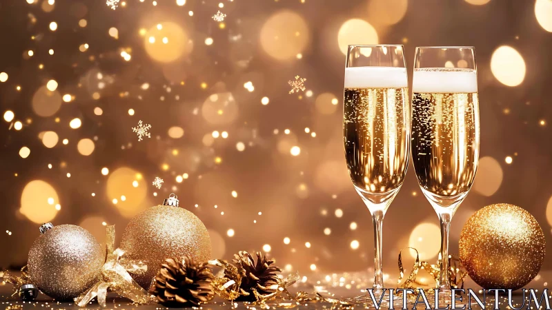 Golden champagne flutes glow amid festive holiday lights.
