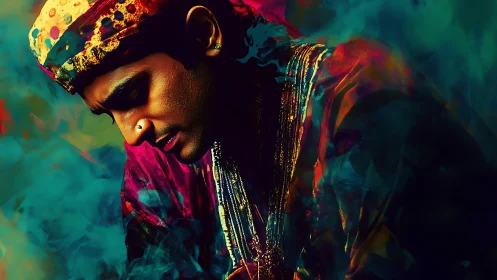 Contemplative portrait of man in colorful traditional attire.