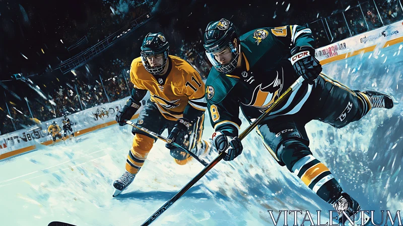 Dynamic digital painting of ice hockey forwards in mid-sprint.