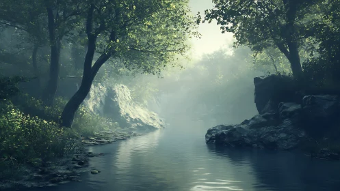 Misty Forest Stream with Ancient Trees and Morning Light