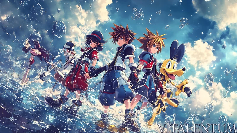 Anime characters walking across reflective water surface.