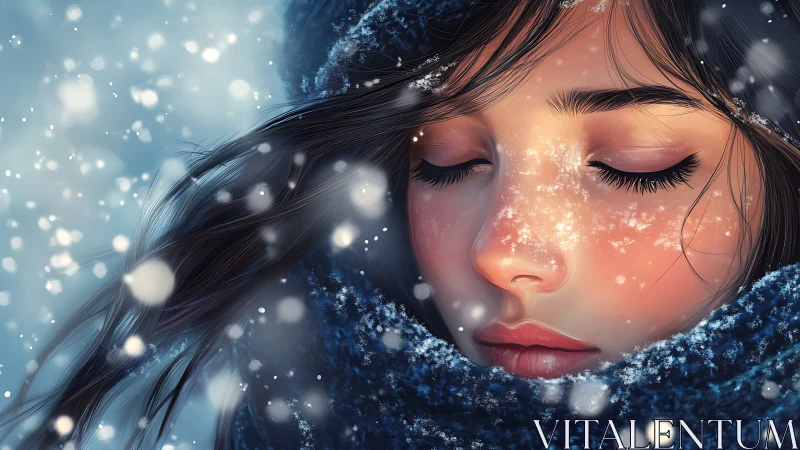 Girl with closed eyes stands in falling snow close to camera
