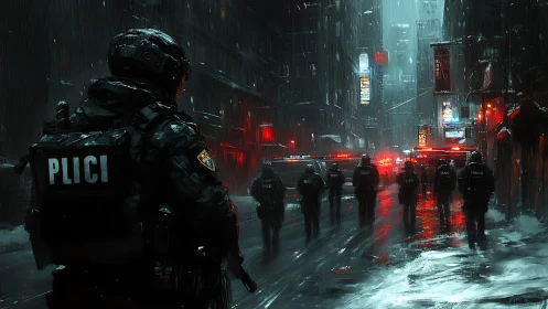 Armed police squad advances through neon-lit rainy city street
