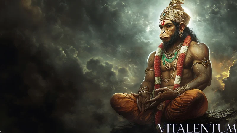 Divine monkey warrior meditates in storm lit celestial clouds