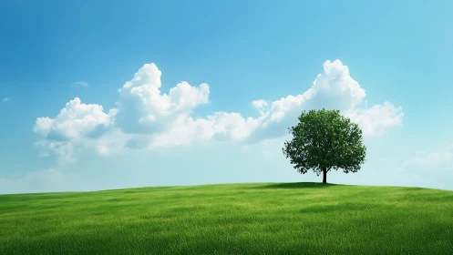 Solitary Green Tree on Grassy Hill Under Bright Blue Sky.