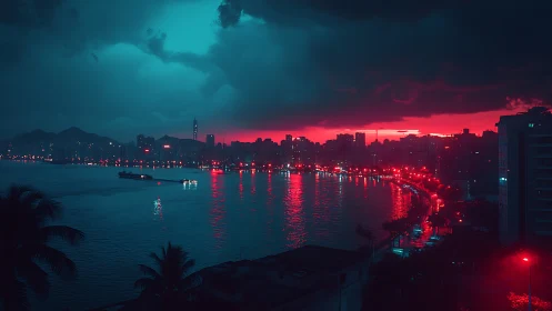 Neon-lit coastal skyline under cyan storm clouds glows intensely