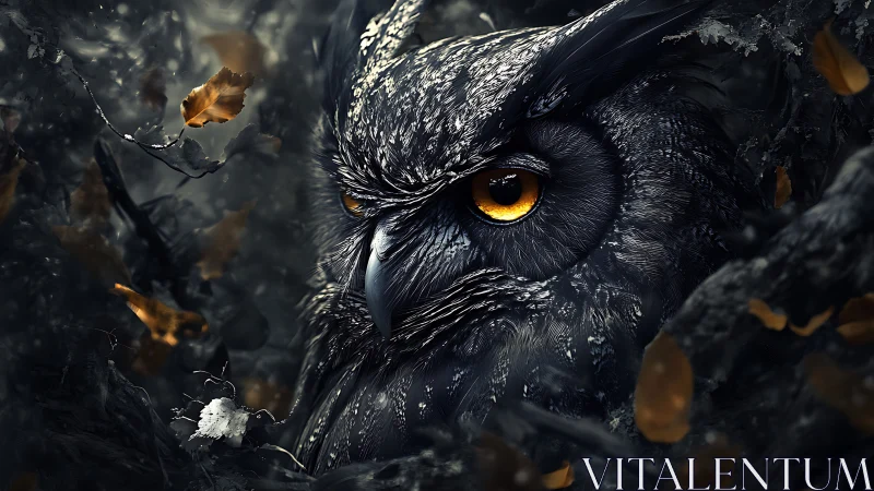 Moonlit owl gaze glows warmly in a shadowy forest hideaway