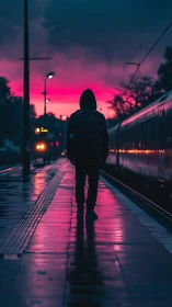 Lone hooded traveler stalks neon dusk along rainy tracks.