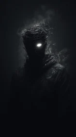 Dark humanoid figure with glowing eye stands in smoky void