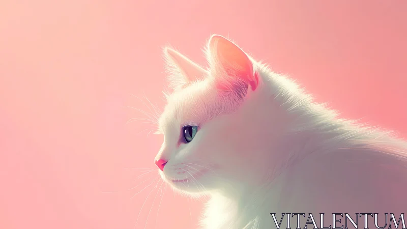 White Cat Portrait Against Soft Pink Background