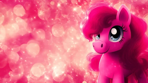Pink cartoon pony with sparkling bokeh background.