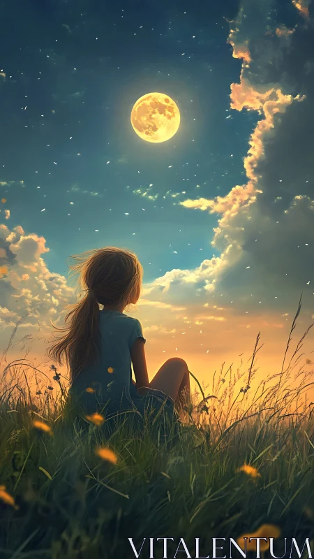 Girl in a twilight meadow gazing up at the glowing moon.