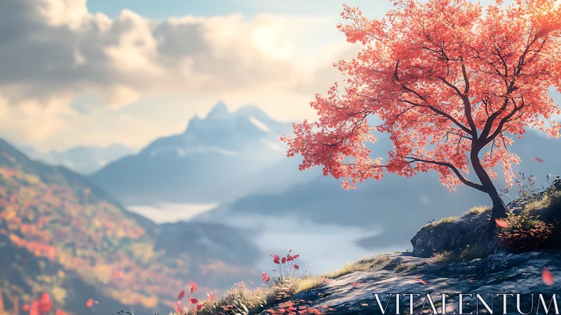 Solitary red tree on cliff above soft mountain valley.