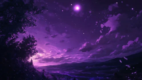 Purple twilight sky over distant mountains and trees.