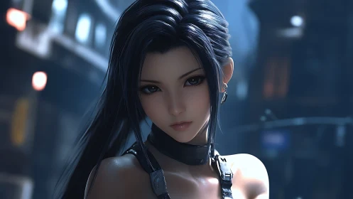 Cyber-noir portrait of anime heroine in shallow depth of field