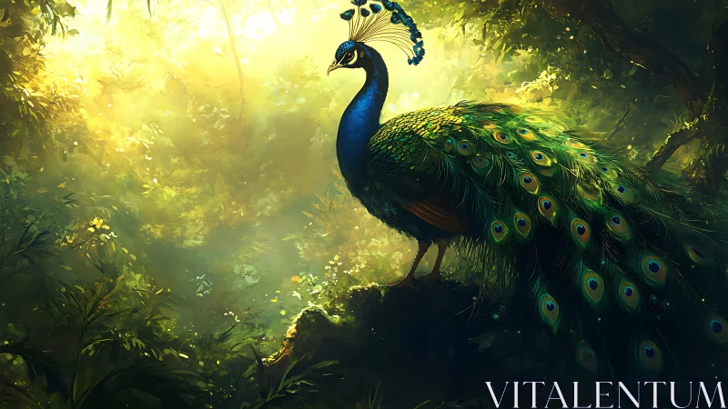 Peacock standing on forest rock under filtered sunlight.