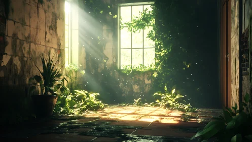 Sunlit abandoned room overgrown with lush green plants