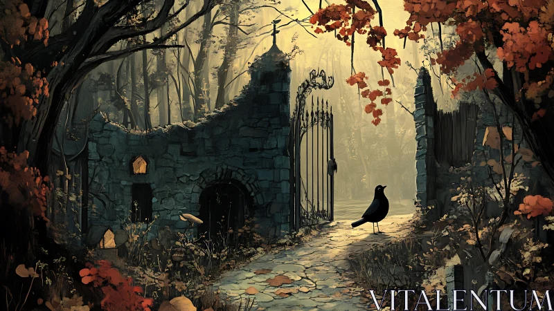Stone forest gate with crow on path in autumn light.