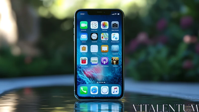 iPhone Home Screen With Application Icons And Blurred Garden Background.