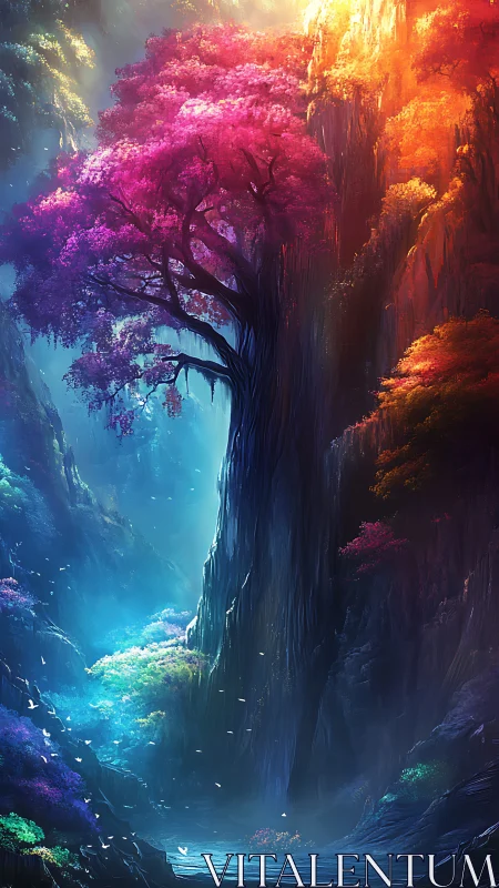 Luminescent fantasy tree rises through misty canyon light