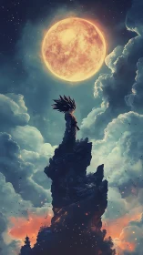 Lone warrior stands on jagged spire beneath colossal moon
