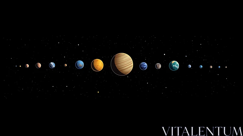 Stylized planetary system alignment in deep black cosmos.