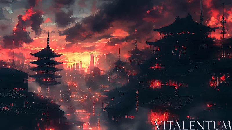 Sunlit cyberpunk pagoda city glowing in red mist.