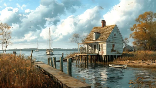 Wooden riverside house with dock, boats and autumn reeds.